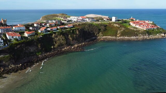 Aerial view of a scenic coastline landscape in Suances village, Cantabria, Spain. High quality 4k footage