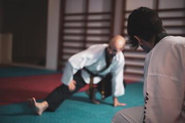 two taekwondo masters training on a tatami mat.