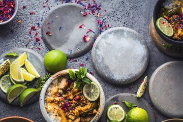 Delicious traditional asian curry in bowls.