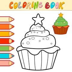 Coloring book or page for kids. Christmas cupcake black and white vector illustration