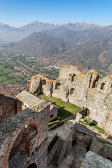 Fototapeta na wymiar Ruins of Sacra di San Michele - Saint Michael abbey, the ancient medieval abbey near Tourin in the North of Italy with panoramic view of Val Susa