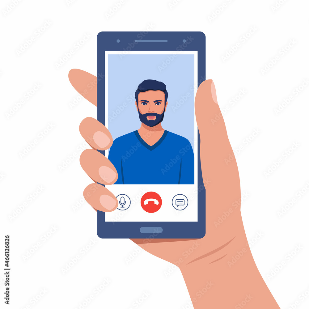 Poster hand holds smartphone during video call. young man on smartphone screen with connection icons. commu