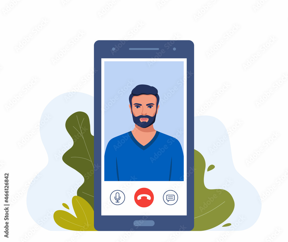 Poster video call on smartphone. young man on smartphone screen with connection icons. communication online