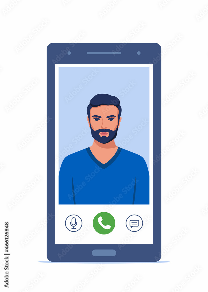 Poster video call on smartphone. young man on smartphone screen with connection icons. communication online