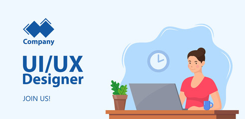 Recruitment horizontal banner concept. UI UX Designer needed. Web designer. Young woman working on laptop in office. Job offer, vacancy, HR, hiring. Vector flat Illustration.