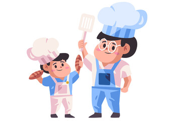 cooking time together with parent celebrate happy fathers day, holding paddle kitchen utensils and bread dough cartoon flat color isolated background vector