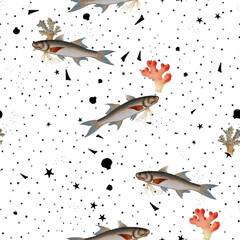 a beautiful and stunning repeated pattern of oceanic creatures called kalamin polynemus plebeius in...