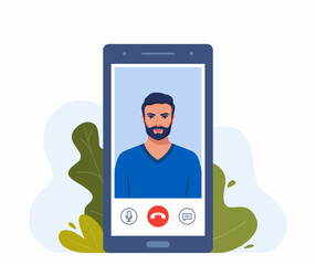 Video call on smartphone. Young man on smartphone screen with connection icons. Communication online using the phone. Talking through video call. Chatting online. Vector illustration.