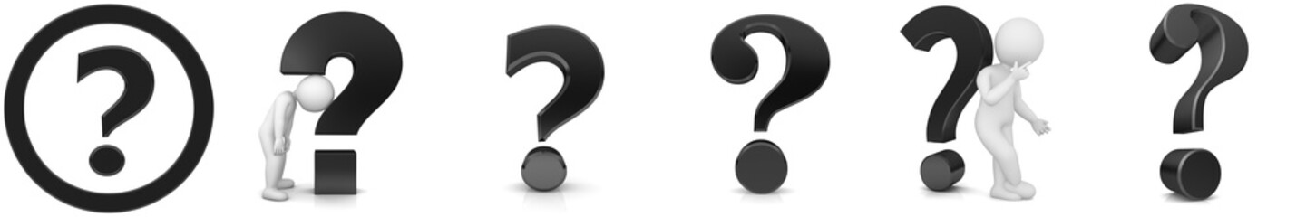 Question mark black interrogation point sign ? symbol query icon asking stick figure man 3d rendering isolated on white background in high resolution