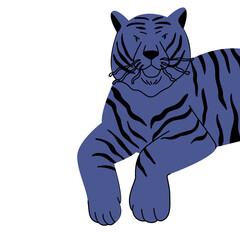 Cartoon blue tiger. A wild animal of the feline family hand-drawn. A colorful symbol of the year.  Vector illustration on a white isolated background. An element for your design.