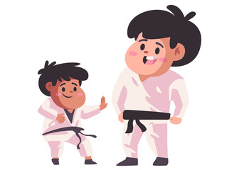 Father and son or teacher and student train teaching karate taekwondo in white uniform flat color isolated background vector illustration