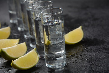 Aperitif with friends in the bar,  glasses of alcohol with lime  for decoration. Tequila shots, vodka, whisky, rum.