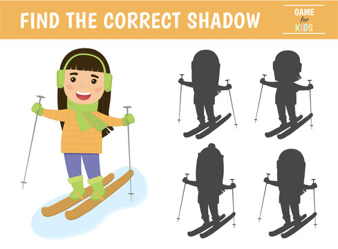 Children's game find the right shadow. A girl goes skiing in winter. Vector illustration.