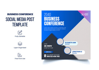 Corporate business conference post banner, Webinar digital marketing Agency conference, Online Meeting, annual report social media post banner ads or square flyer template design
