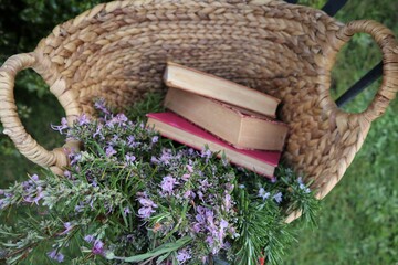 Romantic basket of old books and flowers 