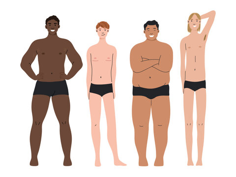 Diverse group of man of different nationalities and body types standing and smiling on a white background