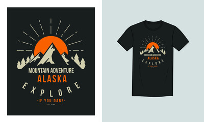 The rising sun in Alaska. Explore Mountain Adventure if you Dare.  Menswear Vintage Printed T-shirt.