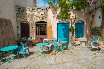 Closed and abandoned Taverna in the village Pitsidia in the south of Crete. Gastronomy is one of the main income of the local people. After season, the tavernas are closed - obrazy, fototapety, plakaty