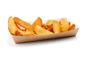 Baked potato slices in a cardboard tray on a white background isolated.