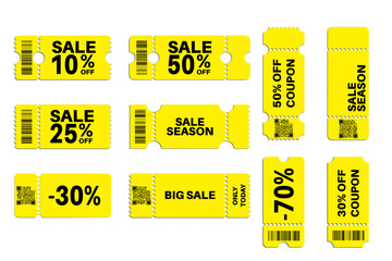 Sale tag. Red sale season set of vector tag barcodes with QR code. Minimal sale banner template in yellow color. Blank coupon card for discount offer midseason sale