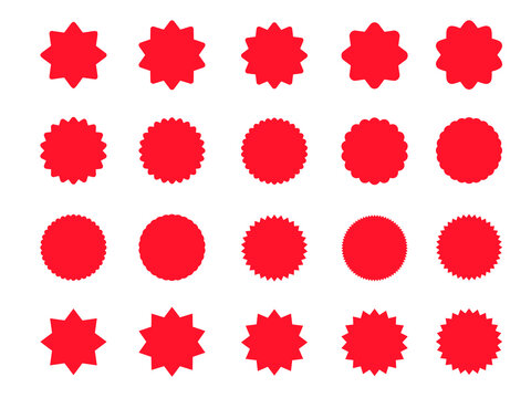 A collection of bright red labels. Sticker with a sale or discount. The price tag of a special offer in retail. Supermarket advertising icon. Vector icon of the sun rays.
