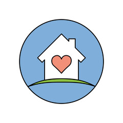 house icon with a heart inside in a round frame, black outline, elements highlighted in color, isolated on a white background, vector illustration