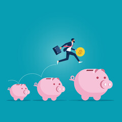 Investment and savings growth, business man jumping from small piggy bank to bigger profit to achieve financial goal