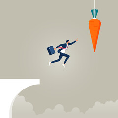 Motivation and incentive to motivate employee, seduced businessman jump in the air to catch tempting carrot baiting lure from the stick, Reward or trick to influence people concept
