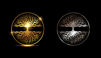 Gold and Silver Tree Circle Vector Sign