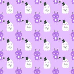 Seamless Halloween pattern with devils and ghosts in top hats. Perfect for T-shirt, textile and prints. Hand drawn illustration for decor and design.