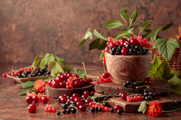 Cherries, red and black currants on the kitchen table.