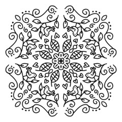 Hand draw of mandala with bird and floral ornament pattern.