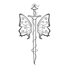 Abstract Sword Blade With Butterfly Wings Insect Doodle Outline Vector Design Style Tatoo Vintage