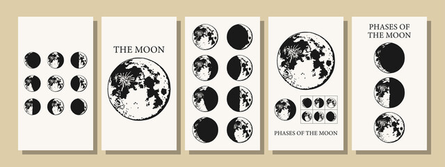 The Moon, Moon Phases in modern colors, contemporary aesthetic poster, background or card template in popular art style © CreativeUniverse