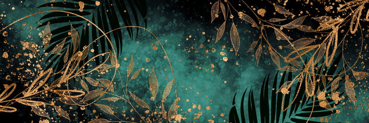 Background with effects and gold paint splatters. Minimalistic style with gold ribbons. Plants with leaves, organic shapes, watercolor style. For web, banners or cards.