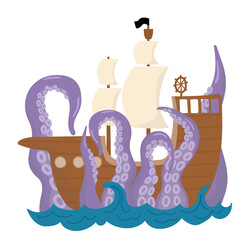 Vector isolated illustration of a pirate ship with a kraken. The giant octopus catches the ship
