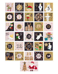 Advent calendar countdown to New Year 31 days with hand draw elements, elf, deer, gingerbread, santa claus, polar bear.
