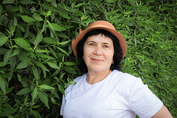 Senior citizen brunette woman in wicker hat stands next to with green bush in her garden. The landscape designer decorates the territory of the infield with a hedge. Woman looking at the camera