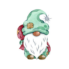 Watercolor scandinavian folklore elf, nordic christmas motive, isolated on white background, hand painted illustration, christmas gnome with sack.