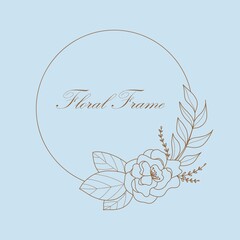 Botanical circle frame. Hand drawn round line border, leaves and flowers, wedding invitation and cards, logo design and posters template. Elegant minimal style floral vector isolated illustration