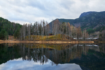 quite and calm water with reflections.  Countryside in autumn. 