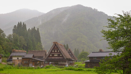 View of village of Gokayama in rain, Japan