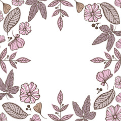 Border composition of hand-drawn floral elements, flowers. leaves and copy space for text.
