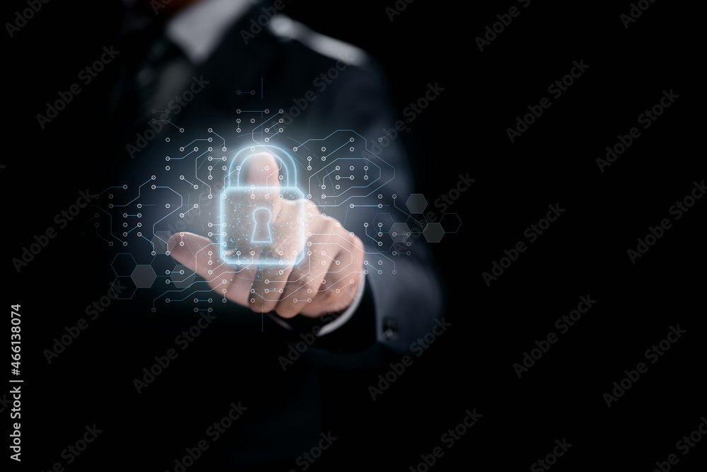 Poster Network of cybersecurity. Internet technology and the padlock icon on a virtual interface, a businessman protects data and personal information. GDPR (General Data Protection Regulation) concept.