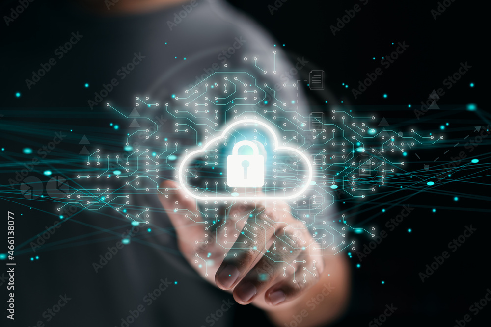 Aufkleber Businessman is tapping a cloud with a padlock icon on a network connection. The concept of cloud computing and network security, digital background