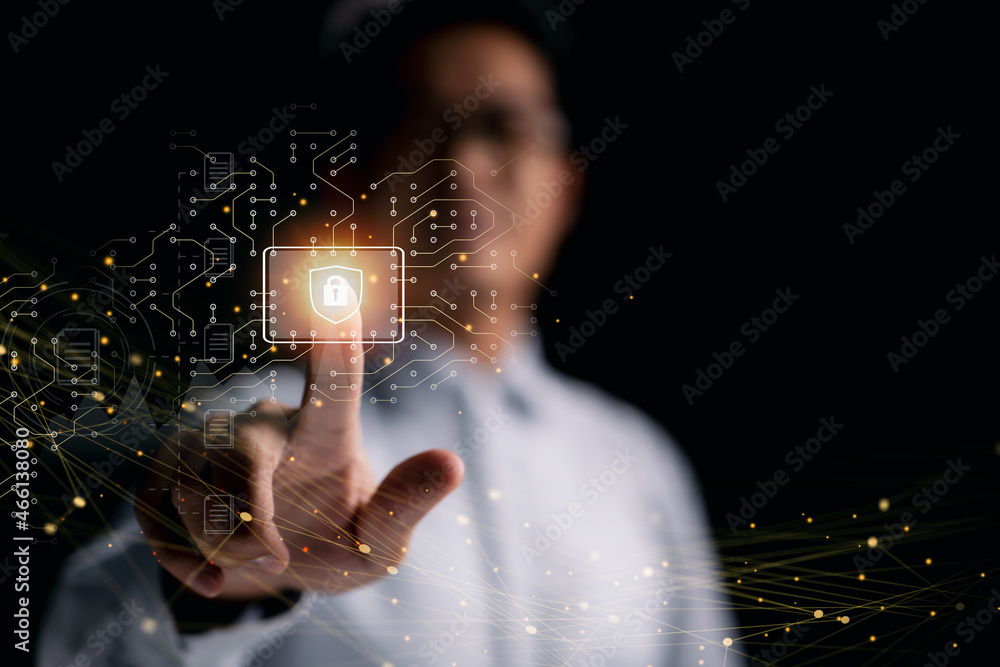 Poster data security and privacy on the internet. on a virtual screen, an internet technology concept.