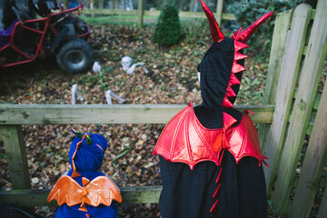 two small kids in blue and black dragon halloween costumes looking at a skeleton on the ground - 466138269