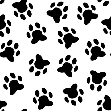 Flat cartoon animal footprint silhouette seamless pattern. Cat or dog foot, unknown animal. Black print paw trace. Vector illustration. Trendy style design