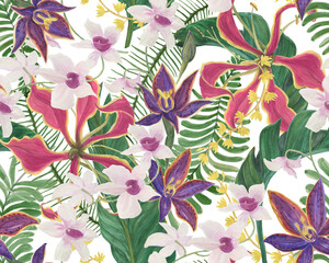 Watercolor painting seamless pattern with orchid flowers and tropical leaves - 466139431