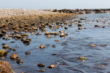 Rocky beach and rock jetty extending out into Narragansett Bay in Rhode Island